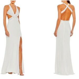 Mac‎ Duggal White Floral Sequined Criss Crossed Bodice Gown Formal Dress Size 8